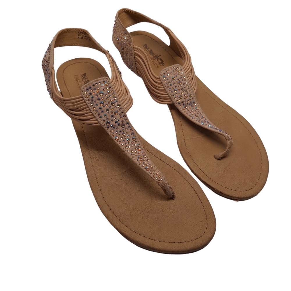 Coach and Four sandals, tan and rhinestoned, Size 9M